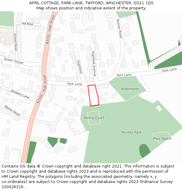 APRIL COTTAGE, PARK LANE, TWYFORD, WINCHESTER, SO21 1QS: Location map and indicative extent of plot