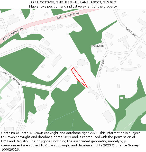 APRIL COTTAGE, SHRUBBS HILL LANE, ASCOT, SL5 0LD: Location map and indicative extent of plot
