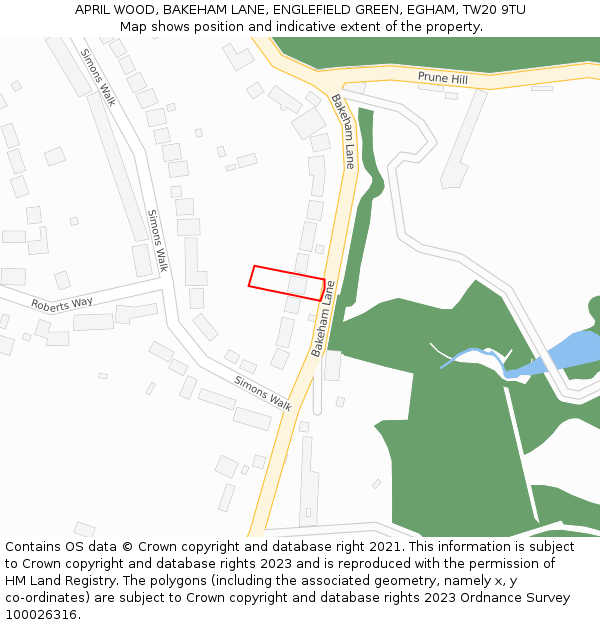 APRIL WOOD, BAKEHAM LANE, ENGLEFIELD GREEN, EGHAM, TW20 9TU: Location map and indicative extent of plot