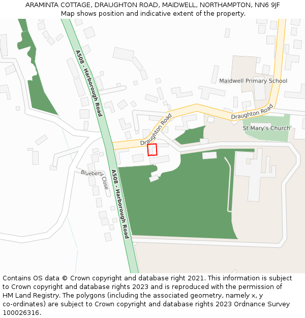ARAMINTA COTTAGE, DRAUGHTON ROAD, MAIDWELL, NORTHAMPTON, NN6 9JF: Location map and indicative extent of plot