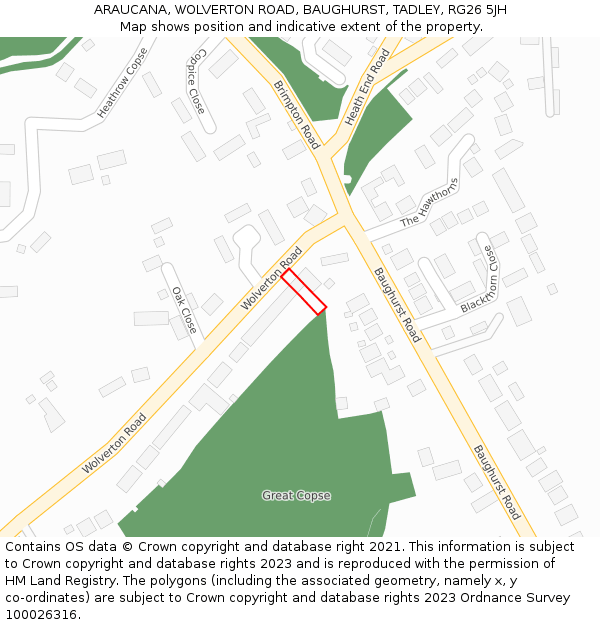 ARAUCANA, WOLVERTON ROAD, BAUGHURST, TADLEY, RG26 5JH: Location map and indicative extent of plot