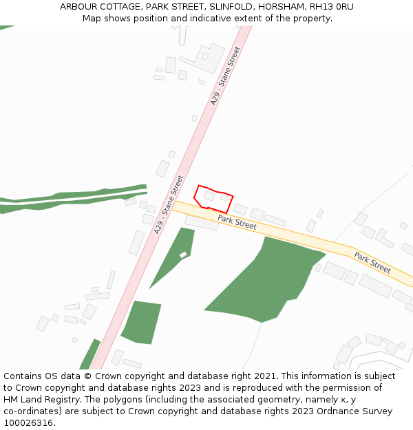 ARBOUR COTTAGE, PARK STREET, SLINFOLD, HORSHAM, RH13 0RU: Location map and indicative extent of plot