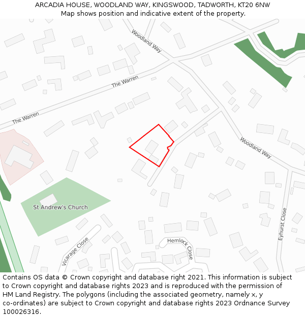 ARCADIA HOUSE, WOODLAND WAY, KINGSWOOD, TADWORTH, KT20 6NW: Location map and indicative extent of plot