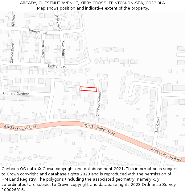 ARCADY, CHESTNUT AVENUE, KIRBY CROSS, FRINTON-ON-SEA, CO13 0LA: Location map and indicative extent of plot