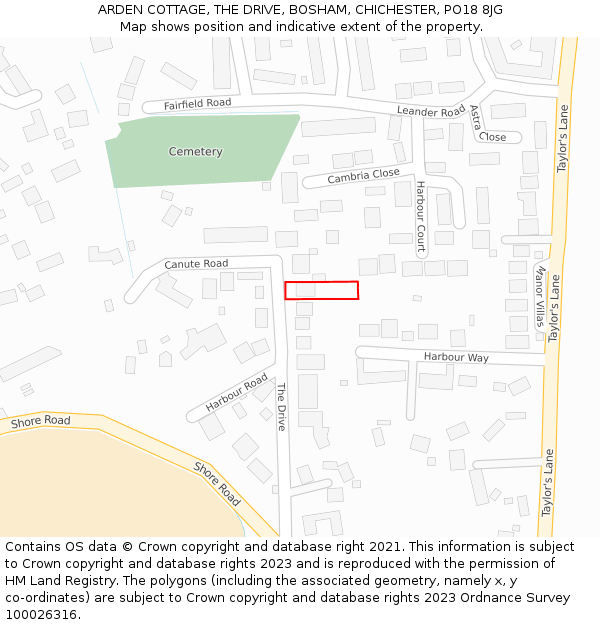 ARDEN COTTAGE, THE DRIVE, BOSHAM, CHICHESTER, PO18 8JG: Location map and indicative extent of plot