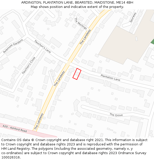 ARDINGTON, PLANTATION LANE, BEARSTED, MAIDSTONE, ME14 4BH: Location map and indicative extent of plot