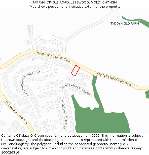 ARFRYN, DINGLE ROAD, LEESWOOD, MOLD, CH7 4SN: Location map and indicative extent of plot