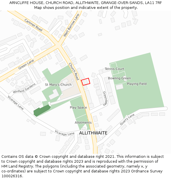 ARNCLIFFE HOUSE, CHURCH ROAD, ALLITHWAITE, GRANGE-OVER-SANDS, LA11 7RF: Location map and indicative extent of plot