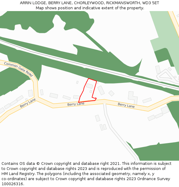 ARRIN LODGE, BERRY LANE, CHORLEYWOOD, RICKMANSWORTH, WD3 5ET: Location map and indicative extent of plot