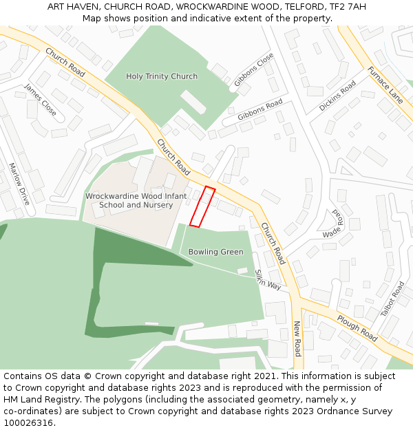 ART HAVEN, CHURCH ROAD, WROCKWARDINE WOOD, TELFORD, TF2 7AH: Location map and indicative extent of plot