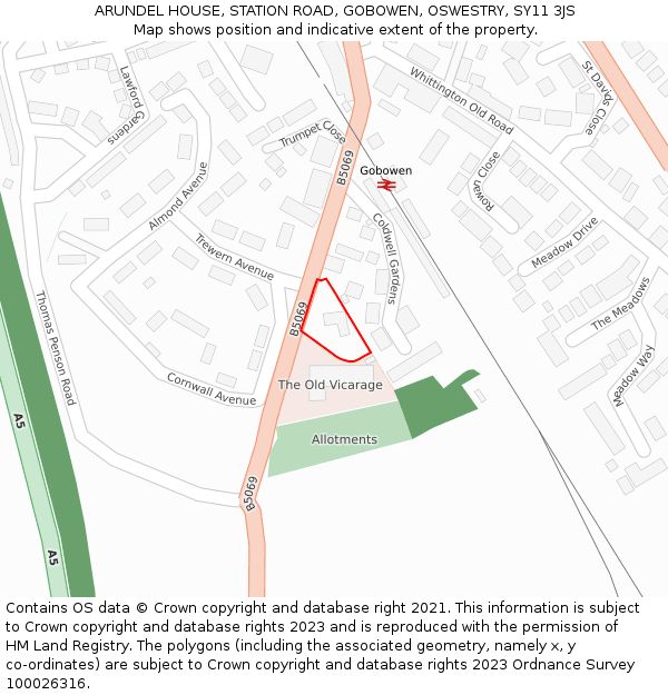 ARUNDEL HOUSE, STATION ROAD, GOBOWEN, OSWESTRY, SY11 3JS: Location map and indicative extent of plot