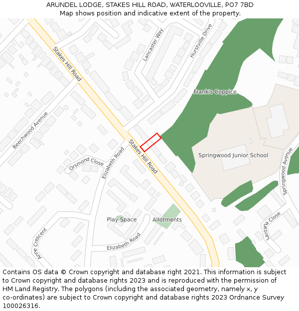 ARUNDEL LODGE, STAKES HILL ROAD, WATERLOOVILLE, PO7 7BD: Location map and indicative extent of plot