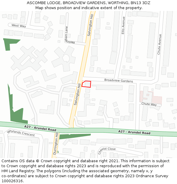 ASCOMBE LODGE, BROADVIEW GARDENS, WORTHING, BN13 3DZ: Location map and indicative extent of plot