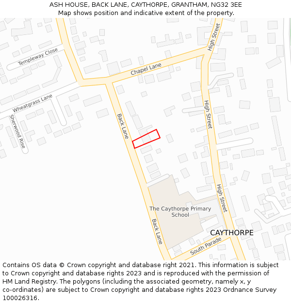 ASH HOUSE, BACK LANE, CAYTHORPE, GRANTHAM, NG32 3EE: Location map and indicative extent of plot