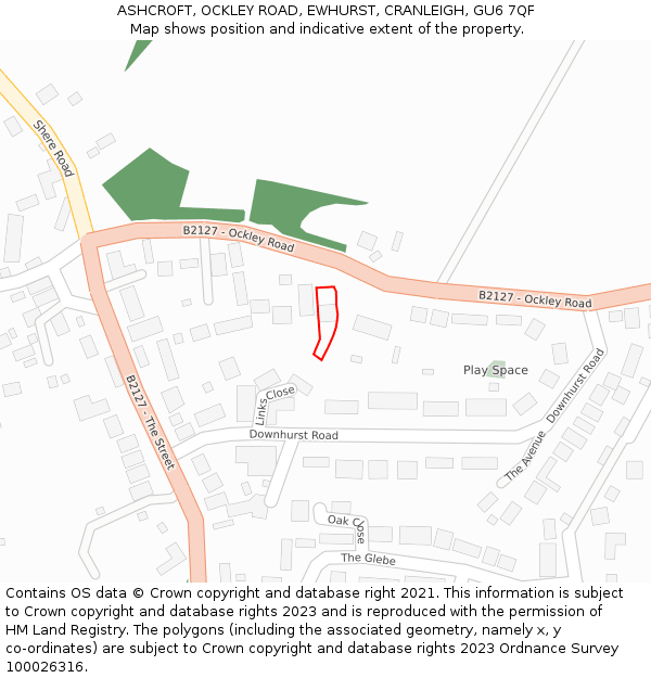 ASHCROFT, OCKLEY ROAD, EWHURST, CRANLEIGH, GU6 7QF: Location map and indicative extent of plot