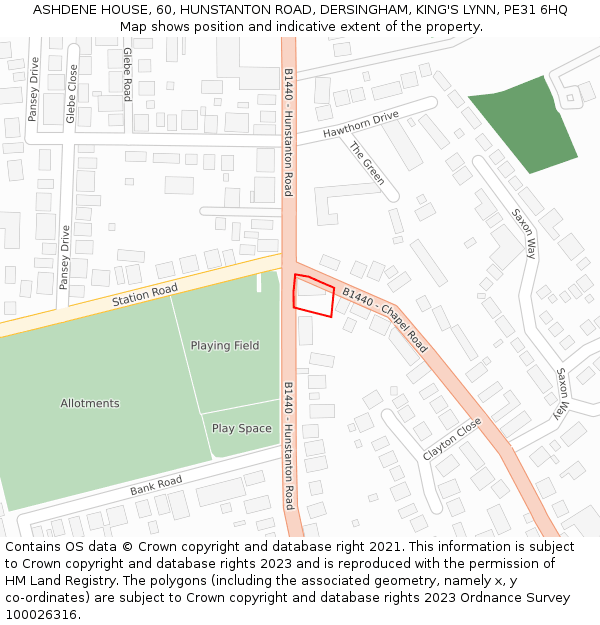 ASHDENE HOUSE, 60, HUNSTANTON ROAD, DERSINGHAM, KING'S LYNN, PE31 6HQ: Location map and indicative extent of plot