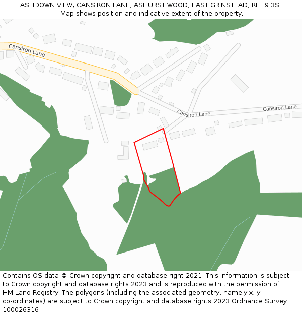 ASHDOWN VIEW, CANSIRON LANE, ASHURST WOOD, EAST GRINSTEAD, RH19 3SF: Location map and indicative extent of plot