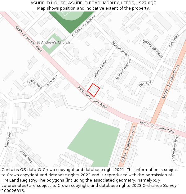 ASHFIELD HOUSE, ASHFIELD ROAD, MORLEY, LEEDS, LS27 0QE: Location map and indicative extent of plot