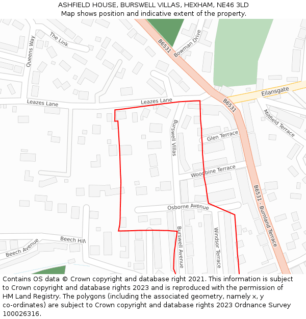 ASHFIELD HOUSE, BURSWELL VILLAS, HEXHAM, NE46 3LD: Location map and indicative extent of plot