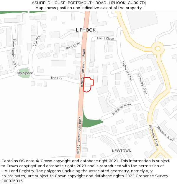 ASHFIELD HOUSE, PORTSMOUTH ROAD, LIPHOOK, GU30 7DJ: Location map and indicative extent of plot