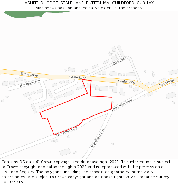 ASHFIELD LODGE, SEALE LANE, PUTTENHAM, GUILDFORD, GU3 1AX: Location map and indicative extent of plot