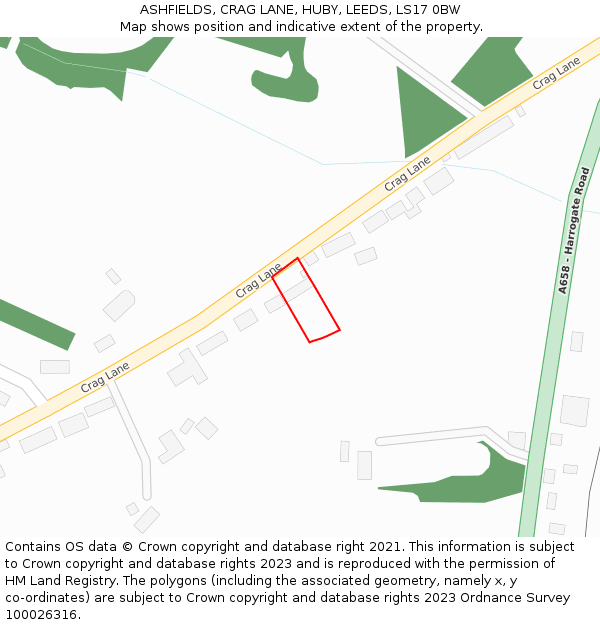 ASHFIELDS, CRAG LANE, HUBY, LEEDS, LS17 0BW: Location map and indicative extent of plot