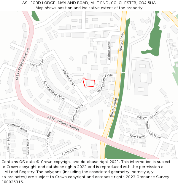 ASHFORD LODGE, NAYLAND ROAD, MILE END, COLCHESTER, CO4 5HA: Location map and indicative extent of plot