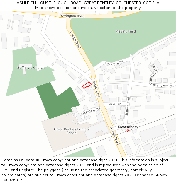 ASHLEIGH HOUSE, PLOUGH ROAD, GREAT BENTLEY, COLCHESTER, CO7 8LA: Location map and indicative extent of plot