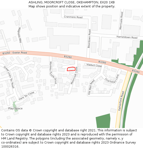 ASHLING, MOORCROFT CLOSE, OKEHAMPTON, EX20 1XB: Location map and indicative extent of plot