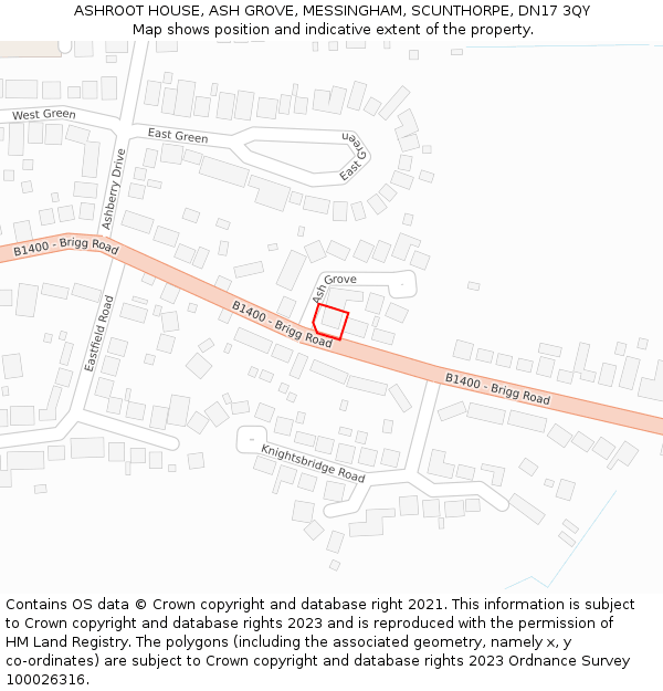 ASHROOT HOUSE, ASH GROVE, MESSINGHAM, SCUNTHORPE, DN17 3QY: Location map and indicative extent of plot