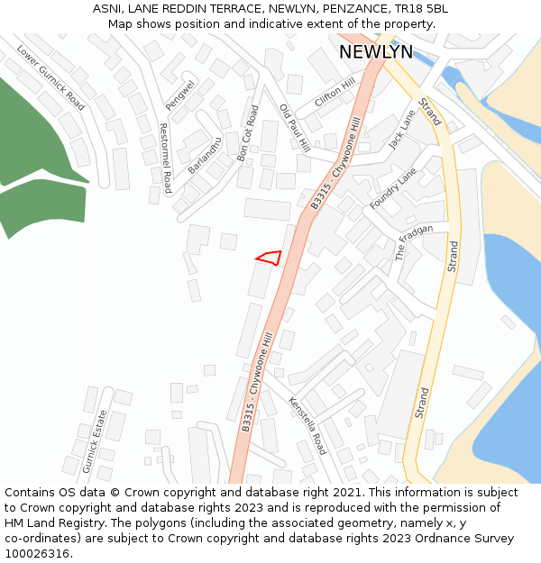 ASNI, LANE REDDIN TERRACE, NEWLYN, PENZANCE, TR18 5BL: Location map and indicative extent of plot