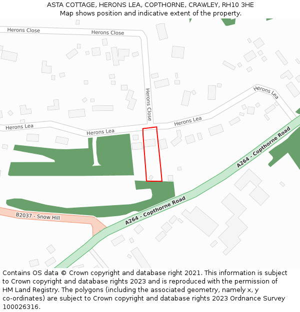 ASTA COTTAGE, HERONS LEA, COPTHORNE, CRAWLEY, RH10 3HE: Location map and indicative extent of plot