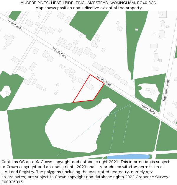 AUDERE PINES, HEATH RIDE, FINCHAMPSTEAD, WOKINGHAM, RG40 3QN: Location map and indicative extent of plot