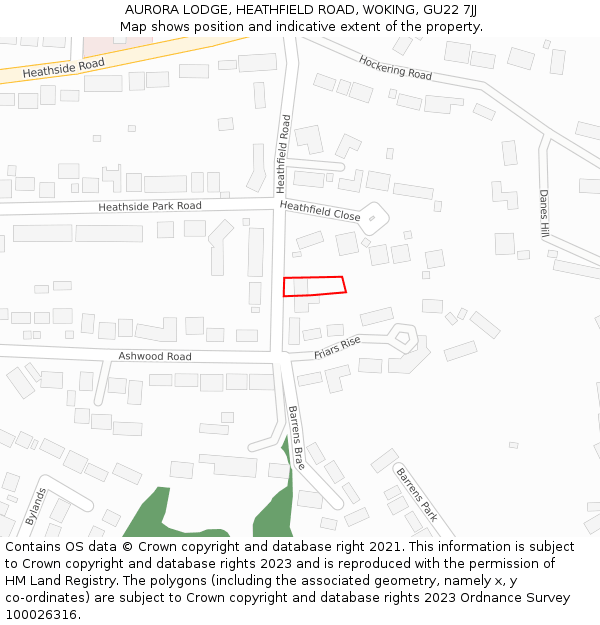 AURORA LODGE, HEATHFIELD ROAD, WOKING, GU22 7JJ: Location map and indicative extent of plot