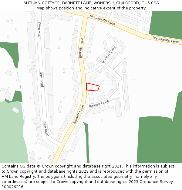 AUTUMN COTTAGE, BARNETT LANE, WONERSH, GUILDFORD, GU5 0SA: Location map and indicative extent of plot