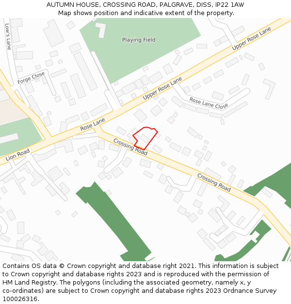 AUTUMN HOUSE, CROSSING ROAD, PALGRAVE, DISS, IP22 1AW: Location map and indicative extent of plot