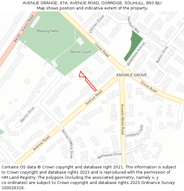 AVENUE GRANGE, 97A, AVENUE ROAD, DORRIDGE, SOLIHULL, B93 8JU: Location map and indicative extent of plot