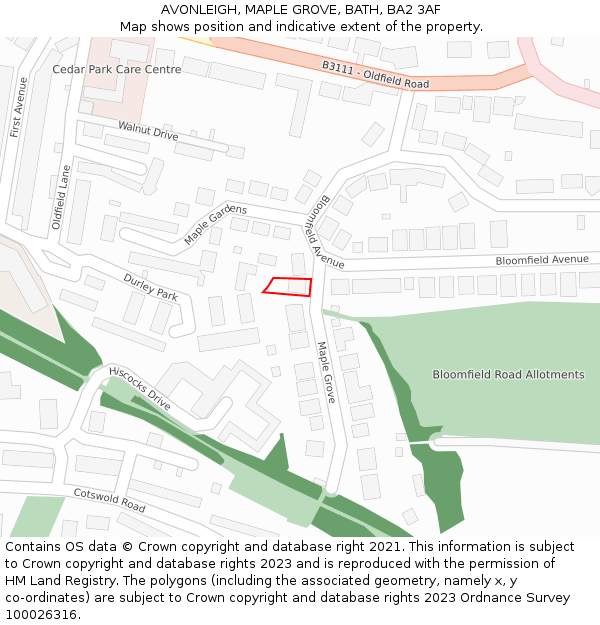 AVONLEIGH, MAPLE GROVE, BATH, BA2 3AF: Location map and indicative extent of plot