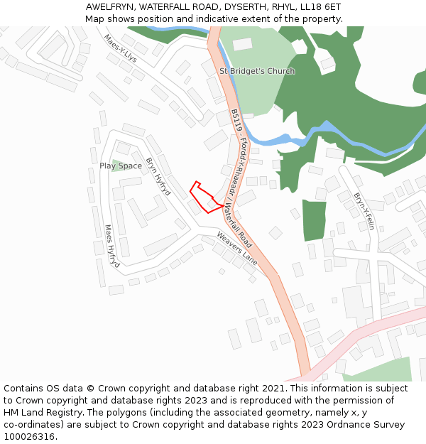 AWELFRYN, WATERFALL ROAD, DYSERTH, RHYL, LL18 6ET: Location map and indicative extent of plot