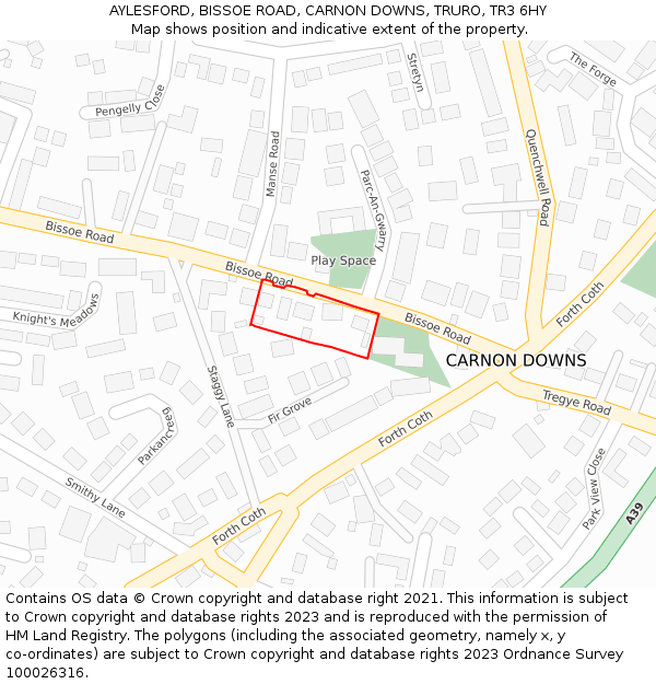 AYLESFORD, BISSOE ROAD, CARNON DOWNS, TRURO, TR3 6HY: Location map and indicative extent of plot