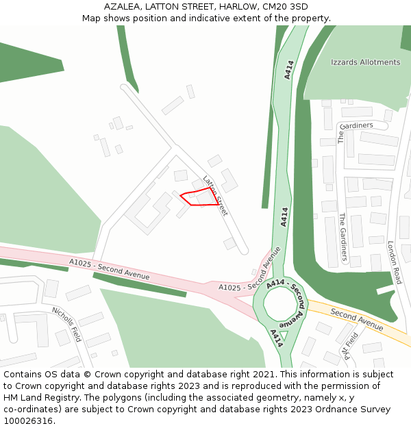 AZALEA, LATTON STREET, HARLOW, CM20 3SD: Location map and indicative extent of plot