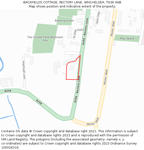 BACKFIELDS COTTAGE, RECTORY LANE, WINCHELSEA, TN36 4AB: Location map and indicative extent of plot