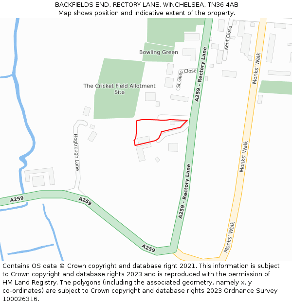 BACKFIELDS END, RECTORY LANE, WINCHELSEA, TN36 4AB: Location map and indicative extent of plot