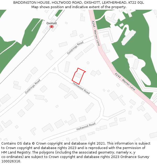 BADDINGTON HOUSE, HOLTWOOD ROAD, OXSHOTT, LEATHERHEAD, KT22 0QL: Location map and indicative extent of plot