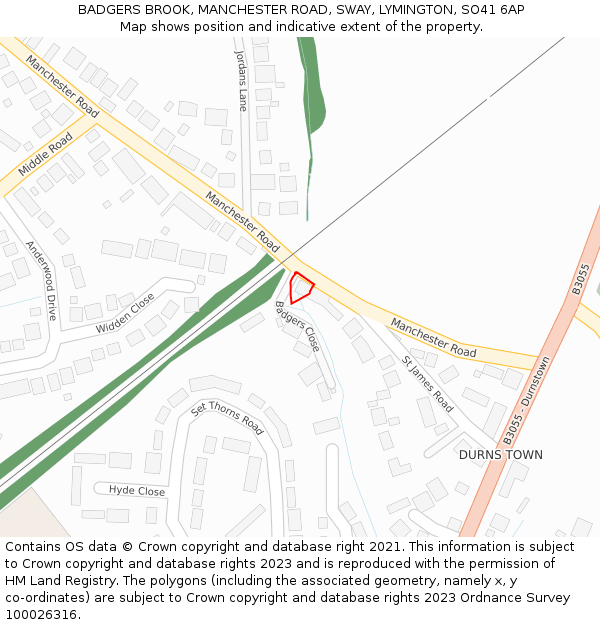 BADGERS BROOK, MANCHESTER ROAD, SWAY, LYMINGTON, SO41 6AP: Location map and indicative extent of plot