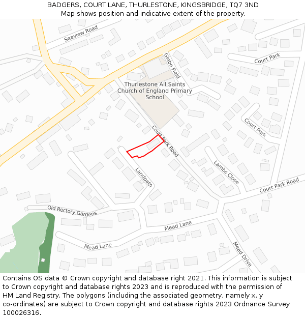 BADGERS, COURT LANE, THURLESTONE, KINGSBRIDGE, TQ7 3ND: Location map and indicative extent of plot