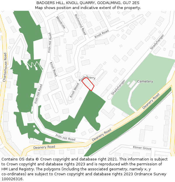 BADGERS HILL, KNOLL QUARRY, GODALMING, GU7 2ES: Location map and indicative extent of plot