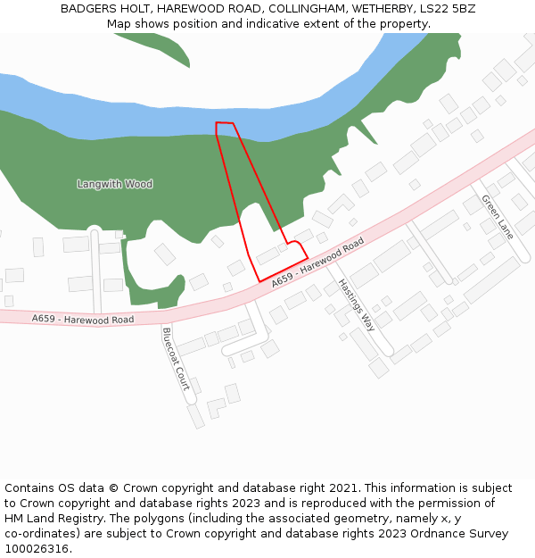 BADGERS HOLT, HAREWOOD ROAD, COLLINGHAM, WETHERBY, LS22 5BZ: Location map and indicative extent of plot