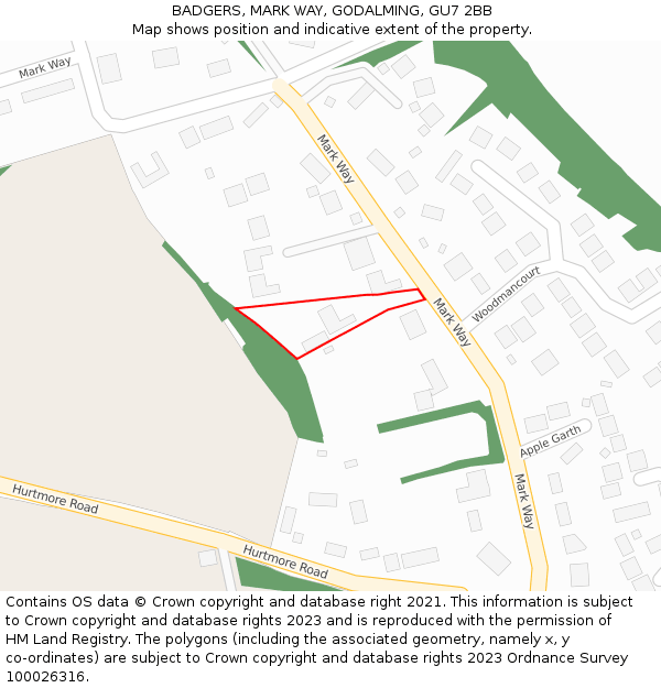 BADGERS, MARK WAY, GODALMING, GU7 2BB: Location map and indicative extent of plot