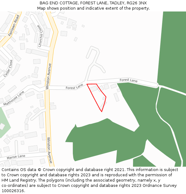 BAG END COTTAGE, FOREST LANE, TADLEY, RG26 3NX: Location map and indicative extent of plot